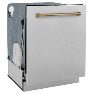 ZLINE Autograph Edition 24 in. Monument Series 3rd Rack Dishwasher with Auto Door Open Drying, 44dBa, Satin Stainless Steel Panel with Champagne Bronze Handle (DWMTZ-SN-24-CB) side, closed.