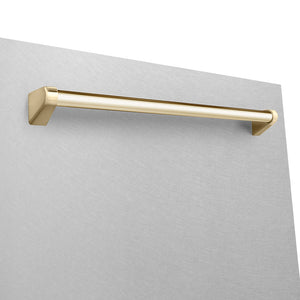 ZLINE Autograph Edition 24 in. Monument Series 3rd Rack Dishwasher with Auto Door Open Drying, 44dBa, Satin Stainless Steel Panel with Polished Gold Handle (DWMTZ-SN-24-G) close-up, handle location.