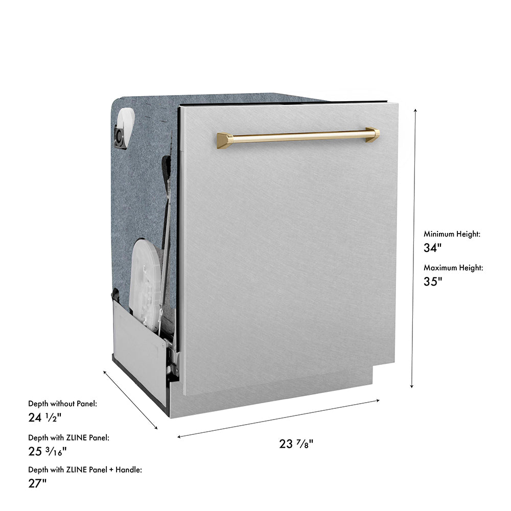 ZLINE Autograph Edition 24 in. Monument Series 3rd Rack Dishwasher with Auto Door Open Drying, 44dBa, Satin Stainless Steel Panel with Polished Gold Handle (DWMTZ-SN-24-G) dimensional diagram.