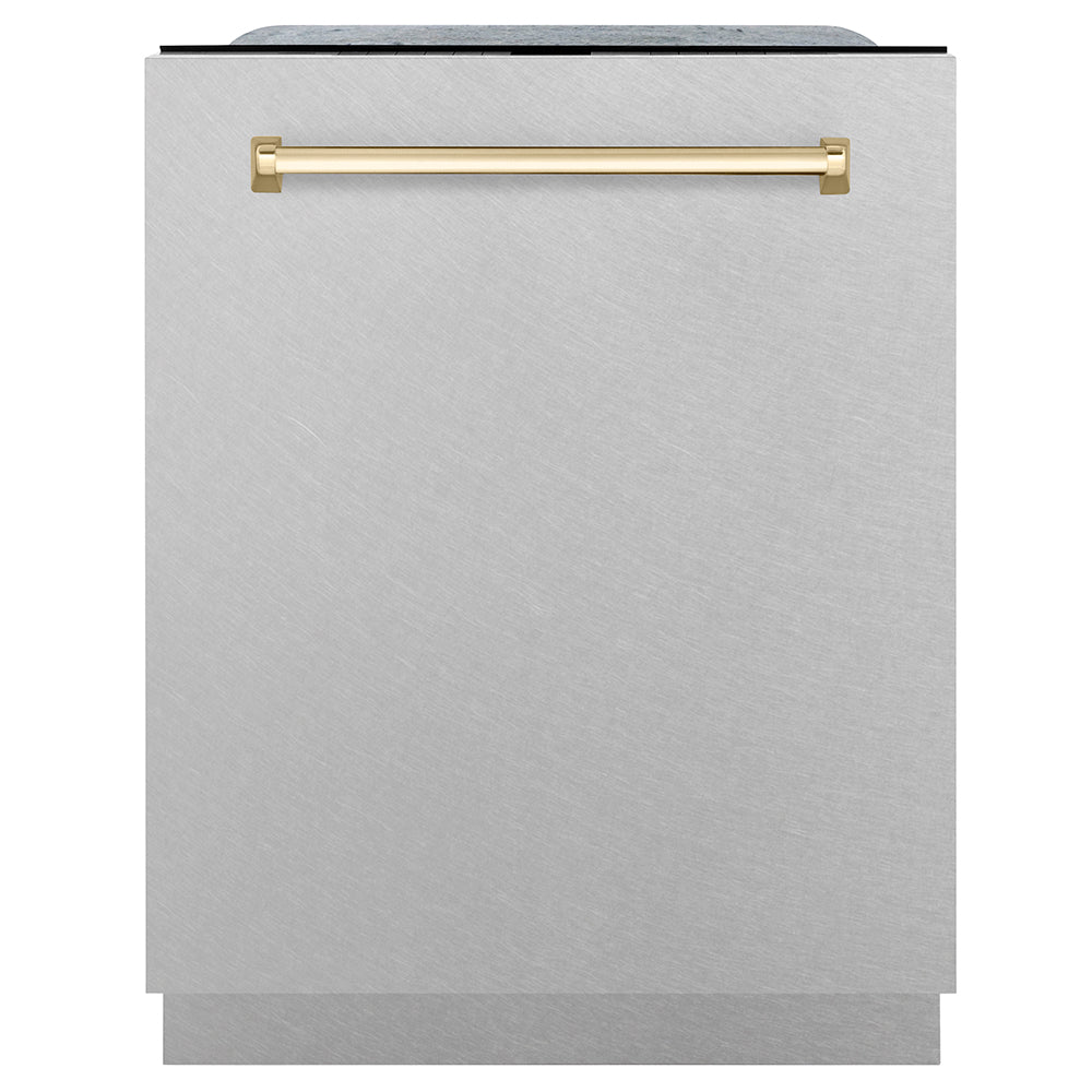 ZLINE Autograph Edition 24 in. Monument Series 3rd Rack Dishwasher with Auto Door Open Drying, 44dBa, Satin Stainless Steel Panel with Polished Gold Handle (DWMTZ-SN-24-G) front, closed.