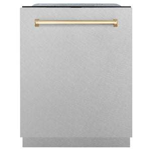 ZLINE Autograph Edition 24 in. Monument Series 3rd Rack Dishwasher with Auto Door Open Drying, 44dBa, Satin Stainless Steel Panel with Polished Gold Handle (DWMTZ-SN-24-G) front, closed.