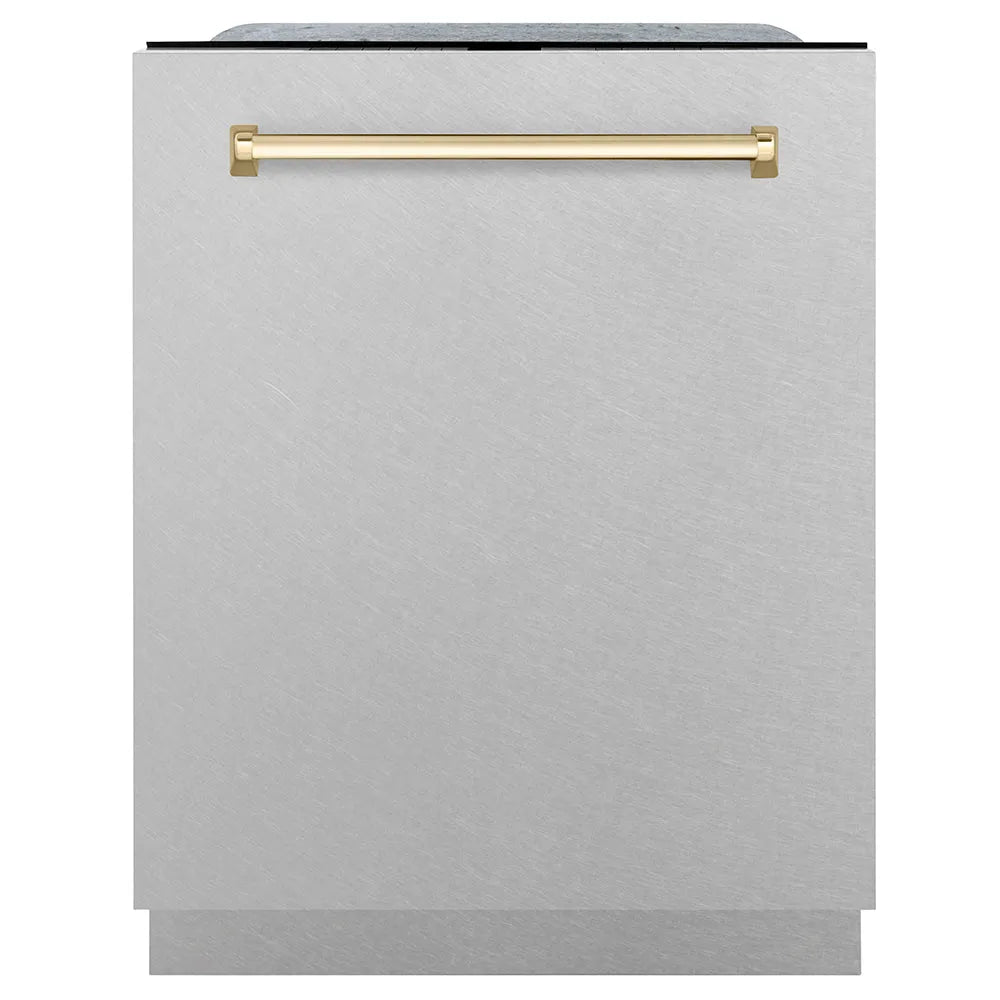 ZLINE Autograph Edition 24 in. Monument Series 3rd Rack Dishwasher with Auto Door Open Drying, 44dBa, Satin Stainless Steel Panel with Polished Gold Handle (DWMTZ-SN-24-G) main image.