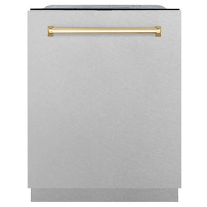 ZLINE Autograph Edition 24 in. Monument Series 3rd Rack Dishwasher with Auto Door Open Drying, 44dBa, Satin Stainless Steel Panel with Polished Gold Handle (DWMTZ-SN-24-G) main image.
