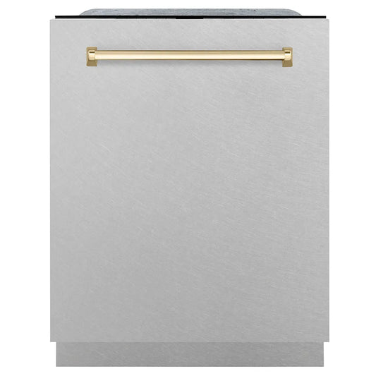 ZLINE Autograph Edition 24 in. Monument Series 3rd Rack Dishwasher with Auto Door Open Drying, 44dBa, Satin Stainless Steel Panel with Polished Gold Handle (DWMTZ-SN-24-G) main image.