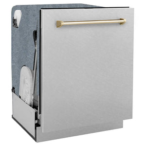 ZLINE Autograph Edition 24 in. Monument Series 3rd Rack Dishwasher with Auto Door Open Drying, 44dBa, Satin Stainless Steel Panel with Polished Gold Handle (DWMTZ-SN-24-G) side, closed.