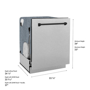 ZLINE Autograph Edition 24 in. Monument Series 3rd Rack Dishwasher with Auto Door Open Drying, 44dBa, Satin Stainless Steel Panel with Matte Black Handle (DWMTZ-SN-24-MB) dimensional diagram.