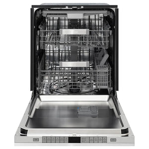 ZLINE Autograph Edition 24 in. Monument Series 3rd Rack Dishwasher with Auto Door Open Drying, 44dBa, Satin Stainless Steel Panel with Matte Black Handle (DWMTZ-SN-24-MB) front, open.