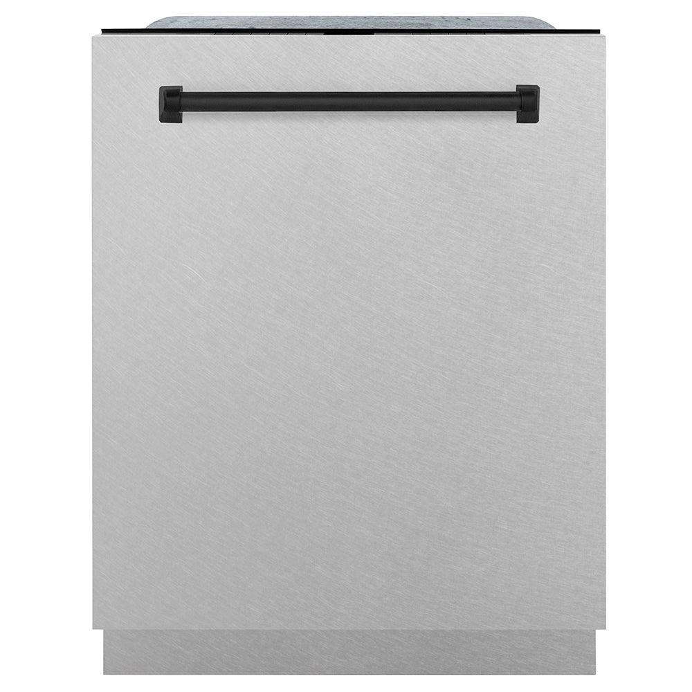 ZLINE Autograph Edition 24 in. Monument Series 3rd Rack Dishwasher with Auto Door Open Drying, 44dBa, Satin Stainless Steel Panel with Matte Black Handle (DWMTZ-SN-24-MB) front, closed.