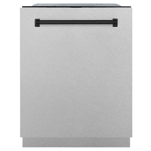 ZLINE Autograph Edition 24 in. Monument Series 3rd Rack Dishwasher with Auto Door Open Drying, 44dBa, Satin Stainless Steel Panel with Matte Black Handle (DWMTZ-SN-24-MB) front, closed.