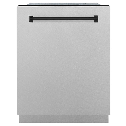 ZLINE Autograph Edition 24 in. Monument Series 3rd Rack Dishwasher with Auto Door Open Drying, 44dBa, Satin Stainless Steel Panel with Matte Black Handle (DWMTZ-SN-24-MB) front, closed.