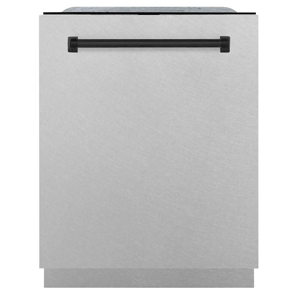 ZLINE Autograph Edition 24 in. Monument Series 3rd Rack Dishwasher with Auto Door Open Drying, 44dBa, Satin Stainless Steel Panel with Matte Black Handle (DWMTZ-SN-24-MB) main image.