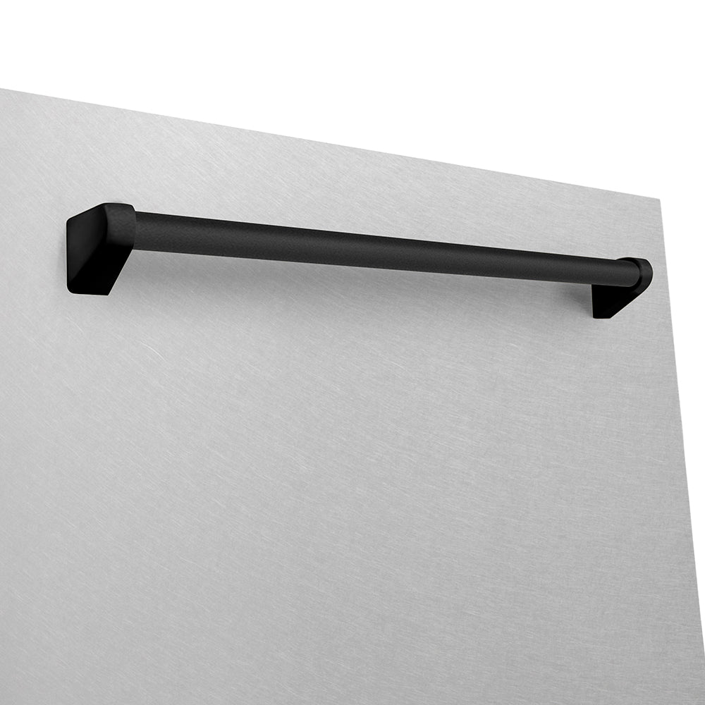 ZLINE Autograph Edition 24 in. Monument Series 3rd Rack Dishwasher with Auto Door Open Drying, 44dBa, Satin Stainless Steel Panel with Matte Black Handle (DWMTZ-SN-24-MB) close-up, handle location.