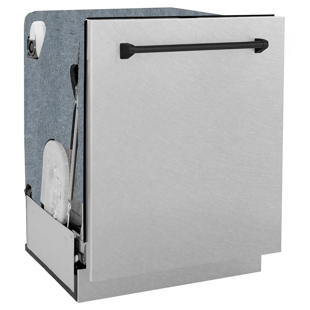 ZLINE Autograph Edition 24 in. Monument Series 3rd Rack Dishwasher with Auto Door Open Drying, 44dBa, Satin Stainless Steel Panel with Matte Black Handle (DWMTZ-SN-24-MB) side, closed.