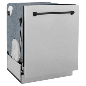 ZLINE Autograph Edition 24 in. Monument Series 3rd Rack Dishwasher with Auto Door Open Drying, 44dBa, Satin Stainless Steel Panel with Matte Black Handle (DWMTZ-SN-24-MB) side, closed.