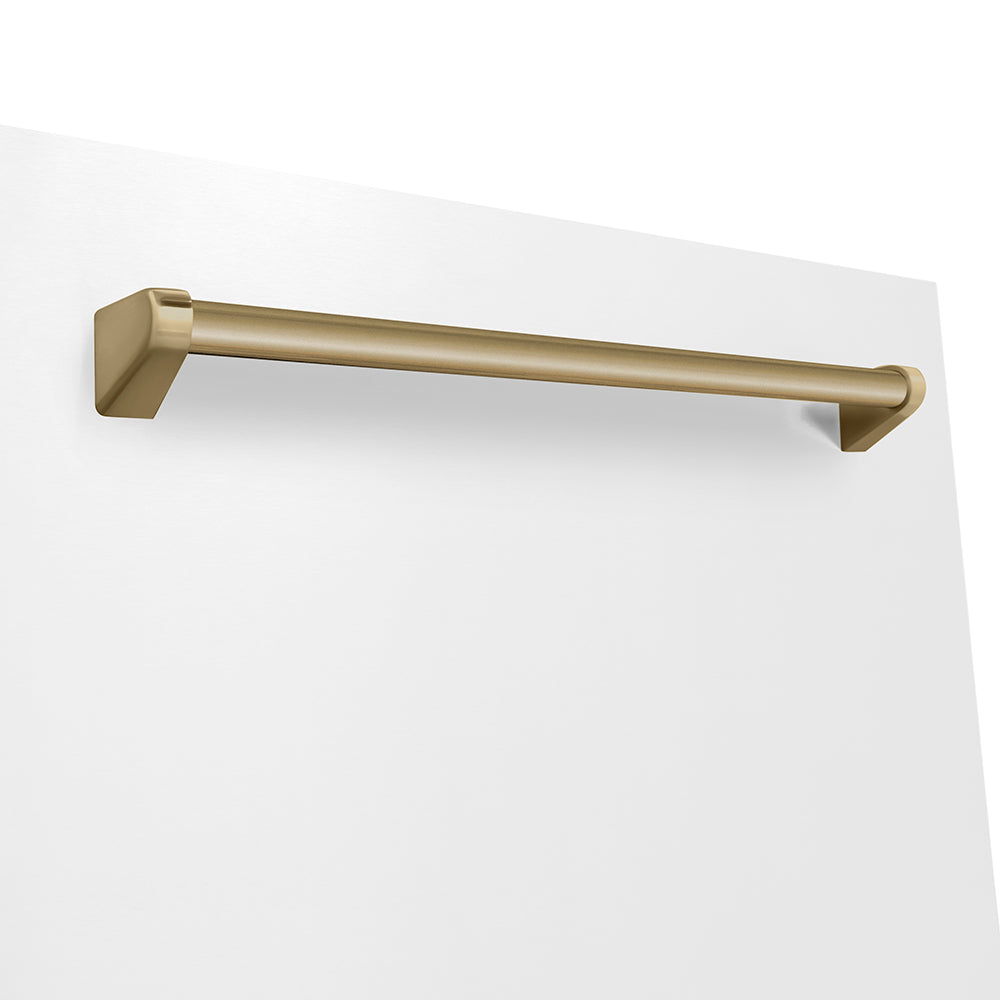 ZLINE Autograph Edition 24 in. Monument Series 3rd Rack Dishwasher with Auto Door Open Drying, 44dBa, White Matte Panel with Champagne Bronze Handle (DWMTZ-WM-24-CB) close-up, handle location.