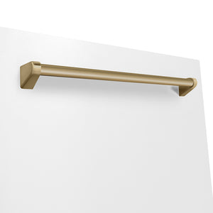 ZLINE Autograph Edition 24 in. Monument Series 3rd Rack Dishwasher with Auto Door Open Drying, 44dBa, White Matte Panel with Champagne Bronze Handle (DWMTZ-WM-24-CB) close-up, handle location.