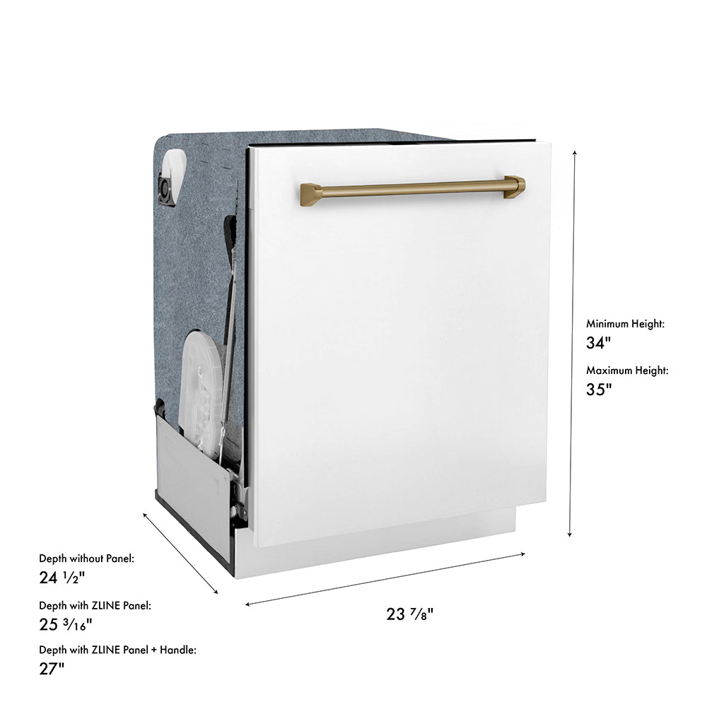 ZLINE Autograph Edition 24 in. Monument Series 3rd Rack Dishwasher with Auto Door Open Drying, 44dBa, White Matte Panel with Champagne Bronze Handle (DWMTZ-WM-24-CB) dimensional diagram.