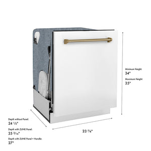 ZLINE Autograph Edition 24 in. Monument Series 3rd Rack Dishwasher with Auto Door Open Drying, 44dBa, White Matte Panel with Champagne Bronze Handle (DWMTZ-WM-24-CB) dimensional diagram.