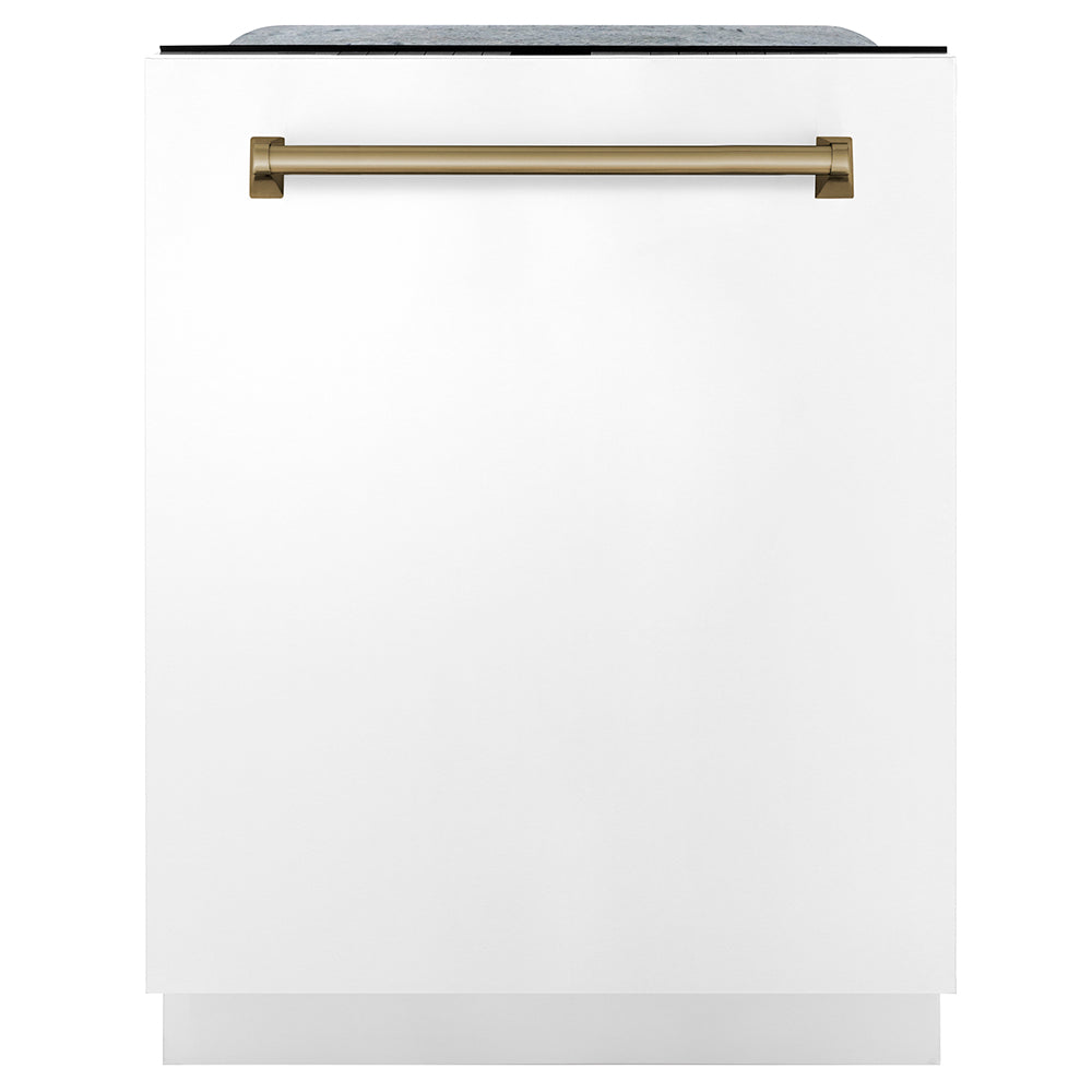 ZLINE Autograph Edition 24 in. Monument Series 3rd Rack Dishwasher with Auto Door Open Drying, 44dBa, White Matte Panel with Champagne Bronze Handle (DWMTZ-WM-24-CB) front, closed.