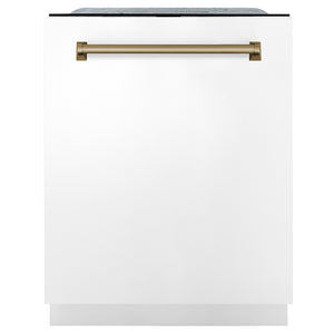 ZLINE Autograph Edition 24 in. Monument Series 3rd Rack Dishwasher with Auto Door Open Drying, 44dBa, White Matte Panel with Champagne Bronze Handle (DWMTZ-WM-24-CB) front, closed.