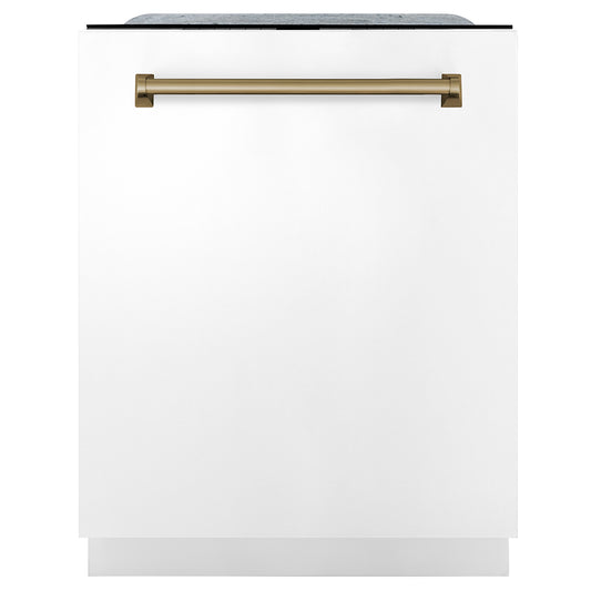 ZLINE Autograph Edition 24 in. Monument Series 3rd Rack Dishwasher with Auto Door Open Drying, 44dBa, White Matte Panel with Champagne Bronze Handle (DWMTZ-WM-24-CB) front, closed.