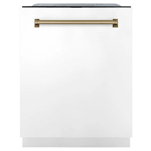 ZLINE Autograph Edition 24 in. Monument Series 3rd Rack Dishwasher with Auto Door Open Drying, 44dBa, White Matte Panel with Champagne Bronze Handle (DWMTZ-WM-24-CB) main image.
