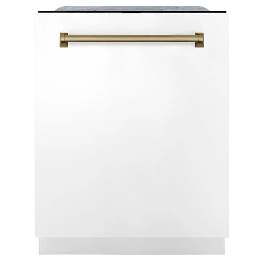 ZLINE Autograph Edition 24 in. Monument Series 3rd Rack Dishwasher with Auto Door Open Drying, 44dBa, White Matte Panel with Champagne Bronze Handle (DWMTZ-WM-24-CB) main image.