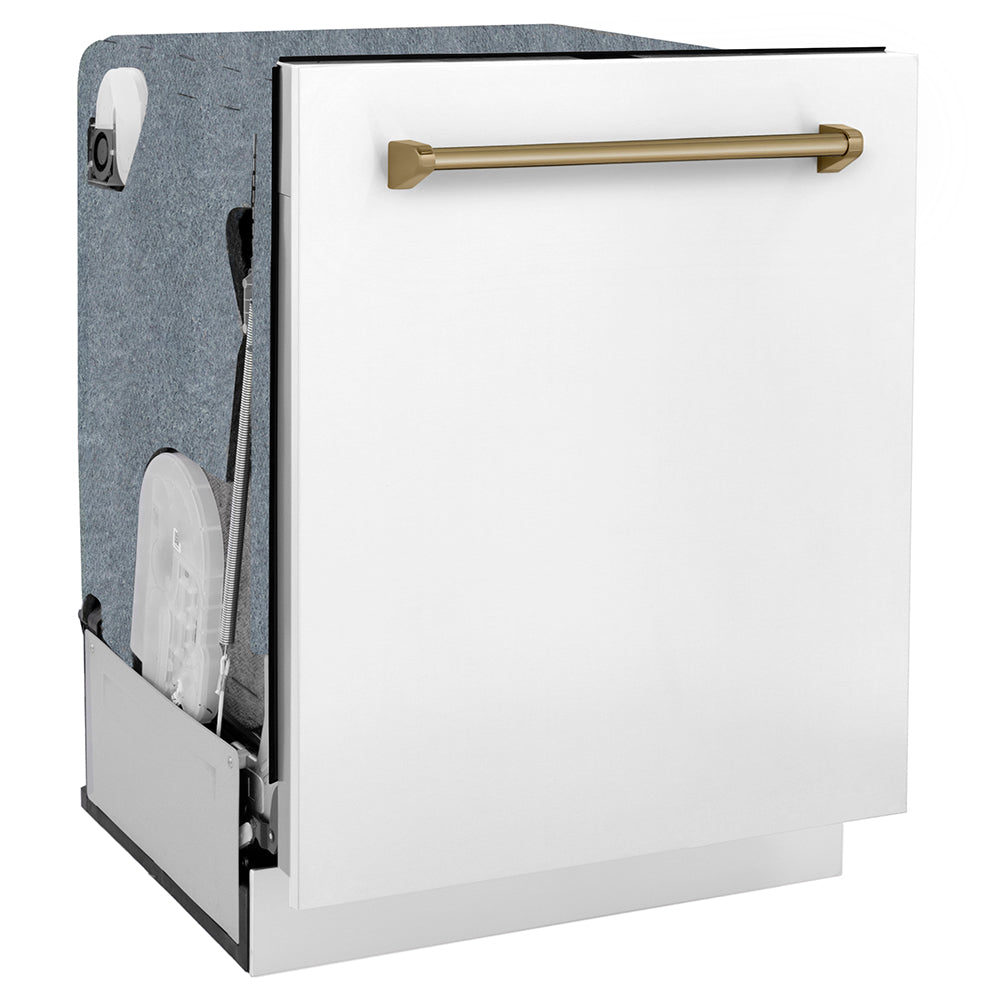ZLINE Autograph Edition 24 in. Monument Series 3rd Rack Dishwasher with Auto Door Open Drying, 44dBa, White Matte Panel with Champagne Bronze Handle (DWMTZ-WM-24-CB) side, closed.