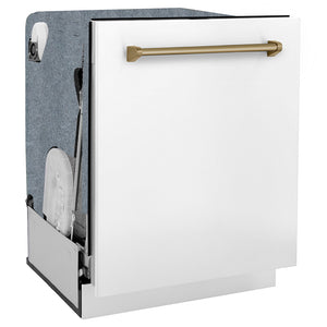 ZLINE Autograph Edition 24 in. Monument Series 3rd Rack Dishwasher with Auto Door Open Drying, 44dBa, White Matte Panel with Champagne Bronze Handle (DWMTZ-WM-24-CB) side, closed.