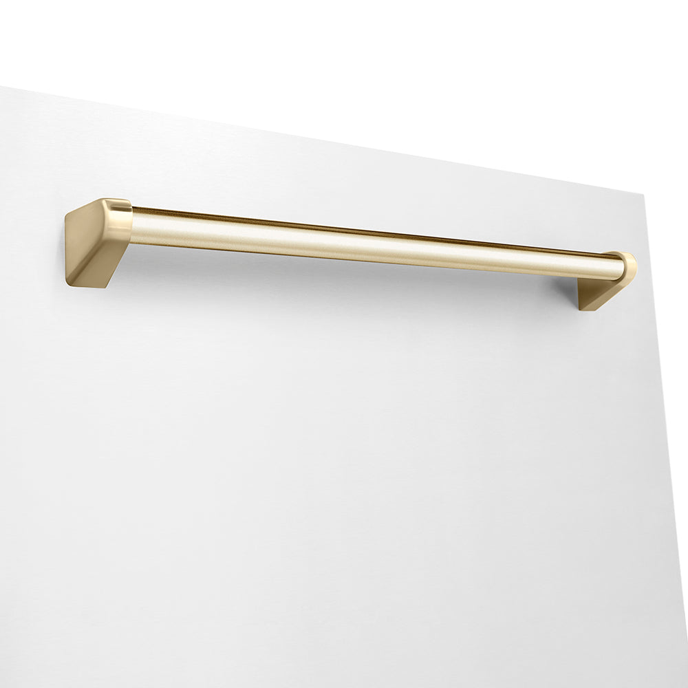ZLINE Autograph Edition 24 in. Monument Series 3rd Rack Dishwasher with Auto Door Open Drying, 44dBa, White Matte Panel with Polished Gold Handle (DWMTZ-WM-24-G) close-up, handle location.