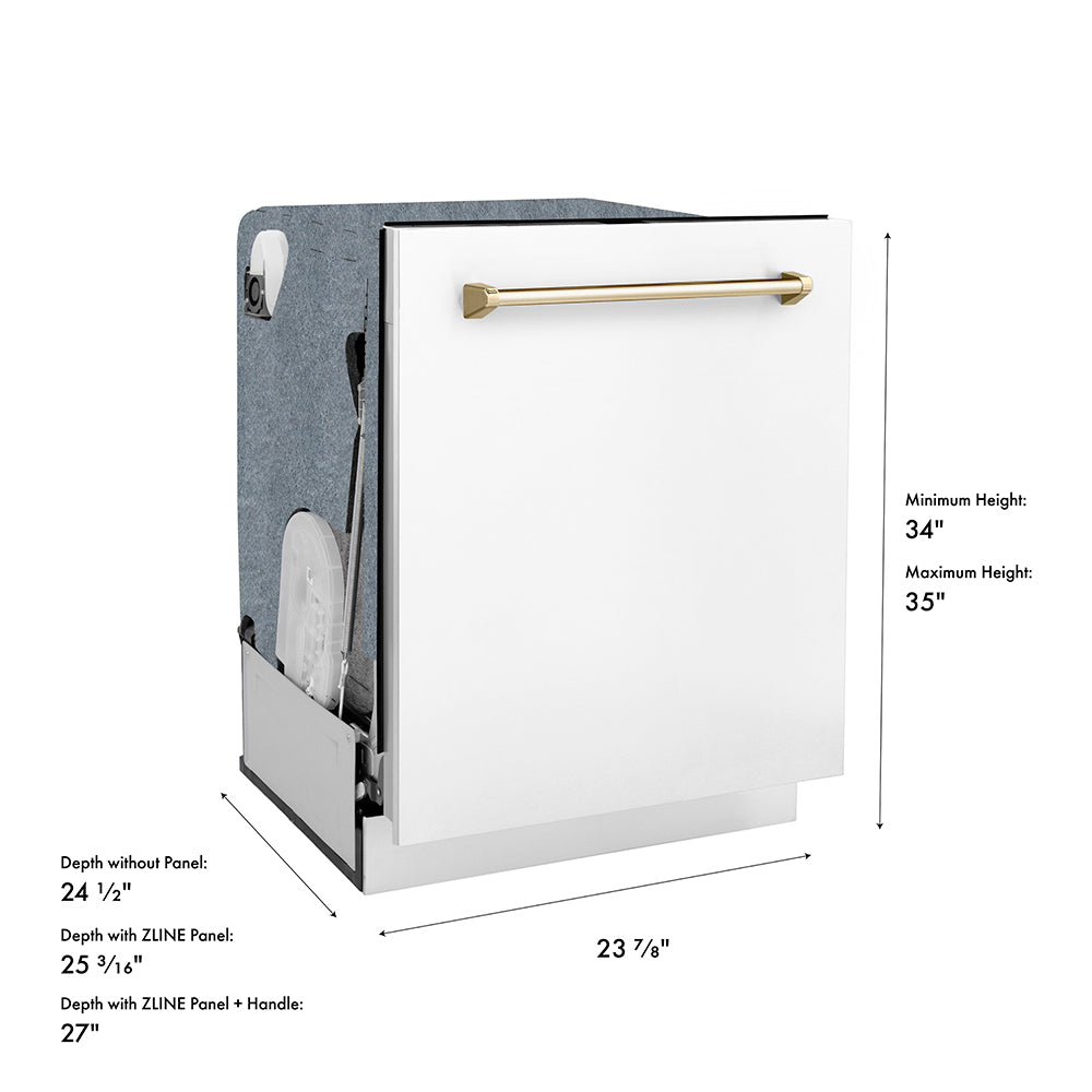 ZLINE Autograph Edition 24 in. Monument Series 3rd Rack Dishwasher with Auto Door Open Drying, 44dBa, White Matte Panel with Polished Gold Handle (DWMTZ-WM-24-G) dimensional diagram.