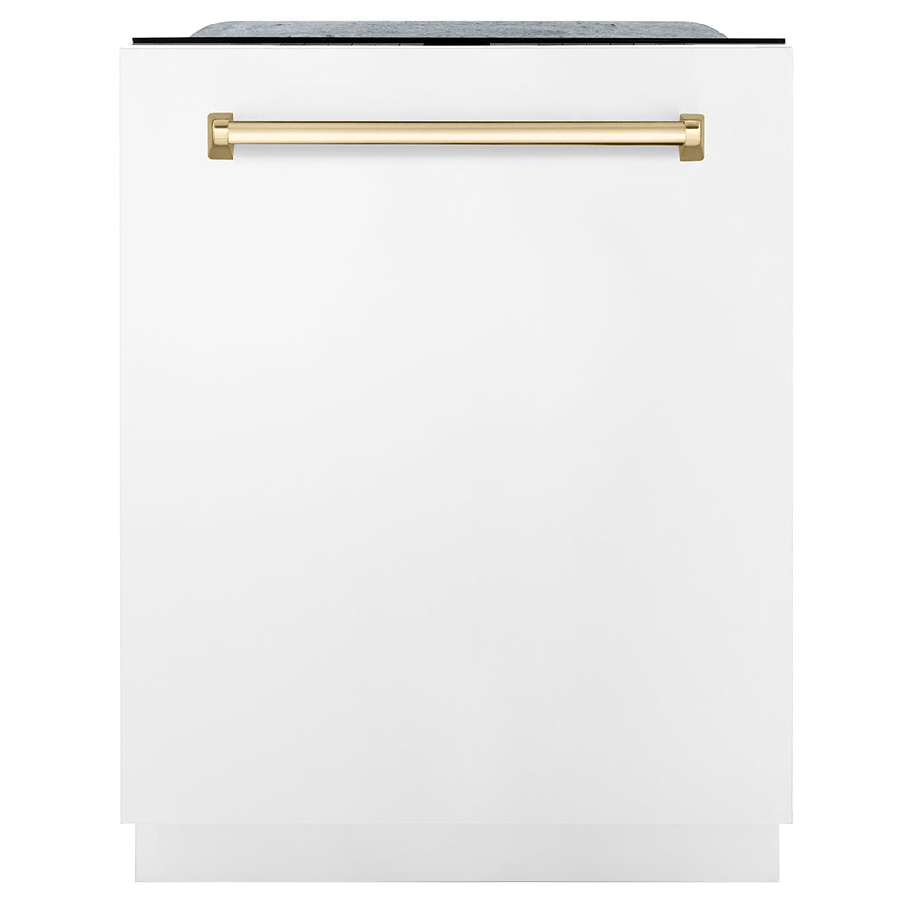 ZLINE Autograph Edition 24 in. Monument Series 3rd Rack Dishwasher with Auto Door Open Drying, 44dBa, White Matte Panel with Polished Gold Handle (DWMTZ-WM-24-G) front, closed.
