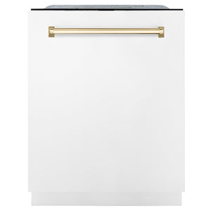 ZLINE Autograph Edition 24 in. Monument Series 3rd Rack Dishwasher with Auto Door Open Drying, 44dBa, White Matte Panel with Polished Gold Handle (DWMTZ-WM-24-G) front, closed.