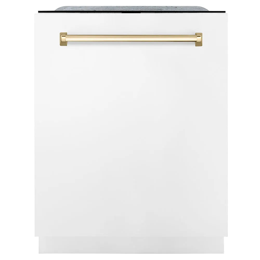 ZLINE Autograph Edition 24 in. Monument Series 3rd Rack Dishwasher with Auto Door Open Drying, 44dBa, White Matte Panel with Polished Gold Handle (DWMTZ-WM-24-G) main image.
