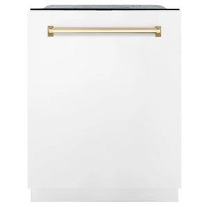 ZLINE Autograph Edition 24 in. Monument Series 3rd Rack Dishwasher with Auto Door Open Drying, 44dBa, White Matte Panel with Polished Gold Handle (DWMTZ-WM-24-G) main image.