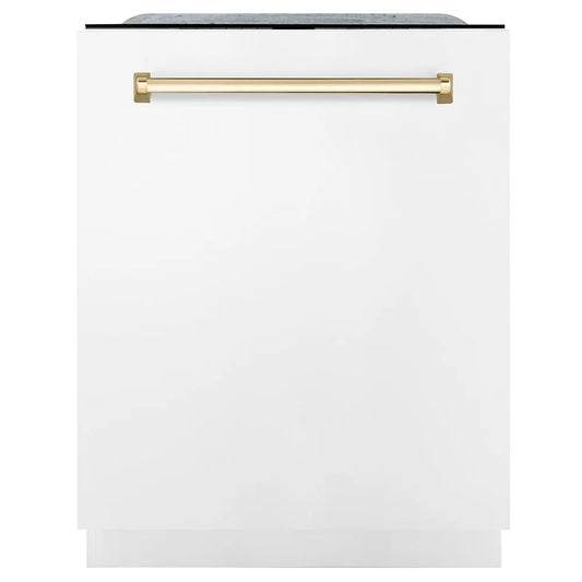ZLINE Autograph Edition 24 in. Monument Series 3rd Rack Dishwasher with Auto Door Open Drying, 44dBa, White Matte Panel with Polished Gold Handle (DWMTZ-WM-24-G) main image.