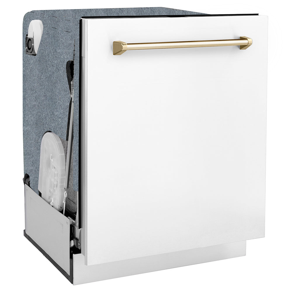 ZLINE Autograph Edition 24 in. Monument Series 3rd Rack Dishwasher with Auto Door Open Drying, 44dBa, White Matte Panel with Polished Gold Handle (DWMTZ-WM-24-G) side, closed.