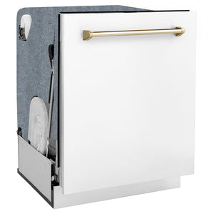 ZLINE Autograph Edition 24 in. Monument Series 3rd Rack Dishwasher with Auto Door Open Drying, 44dBa, White Matte Panel with Polished Gold Handle (DWMTZ-WM-24-G) side, closed.