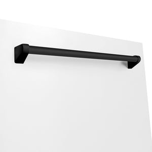 ZLINE Autograph Edition 24 in. Monument Series 3rd Rack Dishwasher with Auto Door Open Drying, 44dBa, White Matte Panel with Matte Black Handle (DWMTZ-WM-24-MB) close-up, handle location.