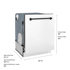 ZLINE Autograph Edition 24 in. Monument Series 3rd Rack Dishwasher with Auto Door Open Drying, 44dBa, White Matte Panel with Matte Black Handle (DWMTZ-WM-24-MB) dimensional diagram.