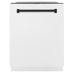 ZLINE Autograph Edition 24 in. Monument Series 3rd Rack Dishwasher with Auto Door Open Drying, 44dBa, White Matte Panel with Matte Black Handle (DWMTZ-WM-24-MB) front, closed.