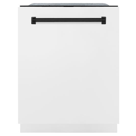ZLINE Autograph Edition 24 in. Monument Series 3rd Rack Dishwasher with Auto Door Open Drying, 44dBa, White Matte Panel with Matte Black Handle (DWMTZ-WM-24-MB) front, closed.