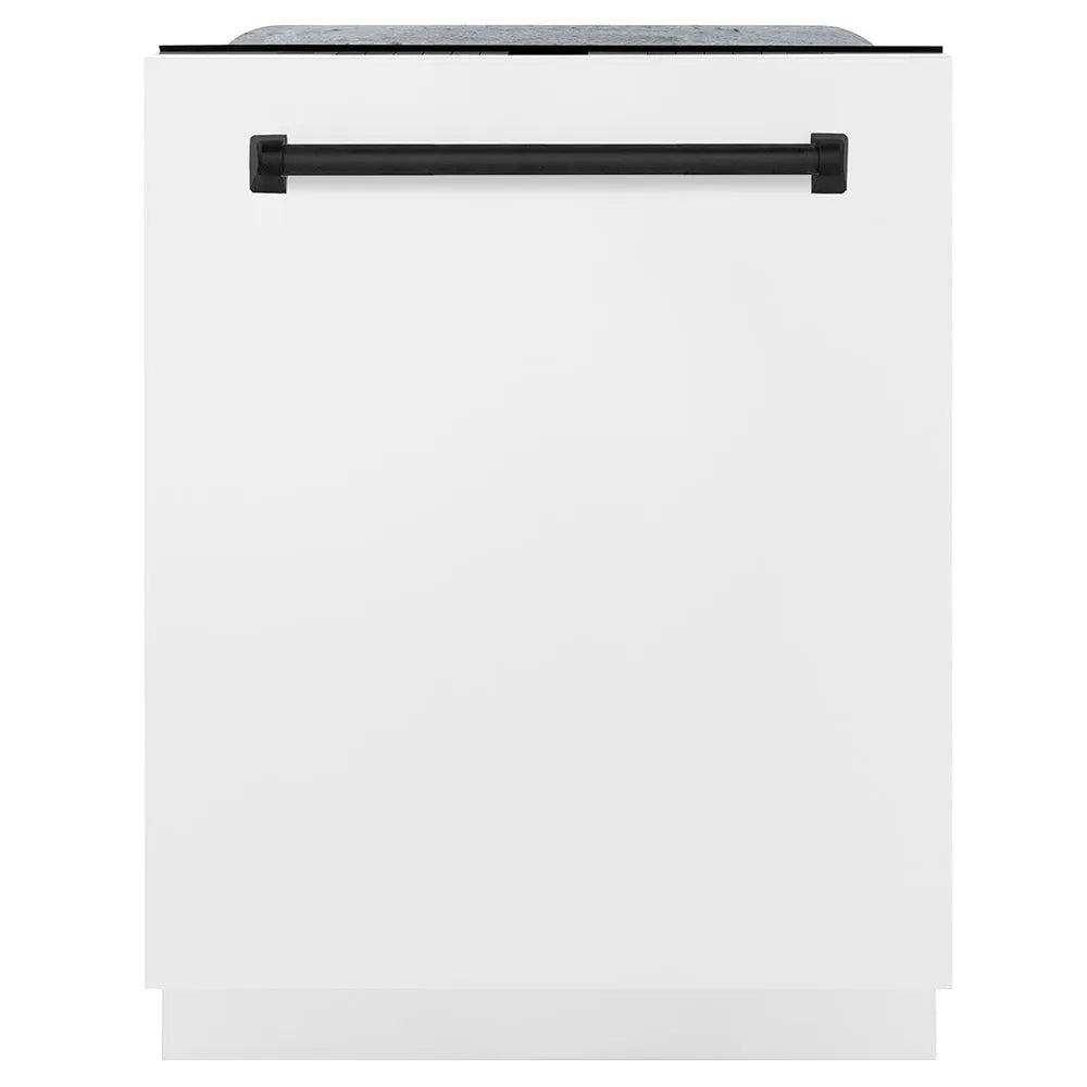 ZLINE Autograph Edition 24 in. Monument Series 3rd Rack Dishwasher with Auto Door Open Drying, 44dBa, White Matte Panel with Matte Black Handle (DWMTZ-WM-24-MB) main image.