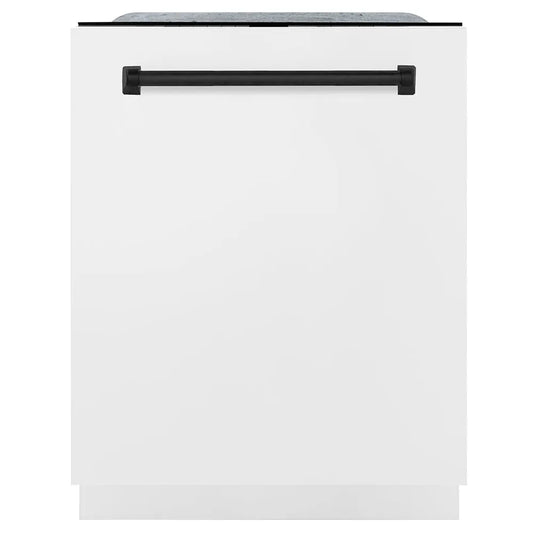 ZLINE Autograph Edition 24 in. Monument Series 3rd Rack Dishwasher with Auto Door Open Drying, 44dBa, White Matte Panel with Matte Black Handle (DWMTZ-WM-24-MB) main image.