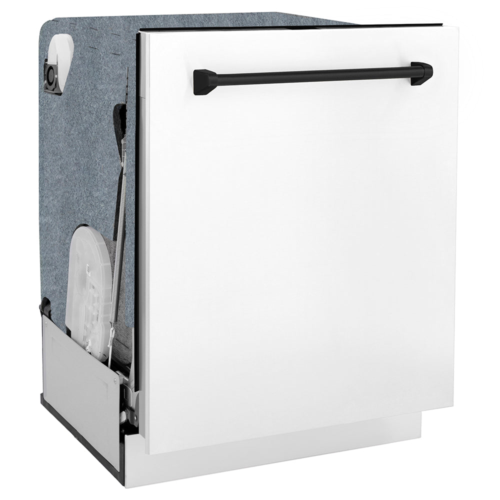 ZLINE Autograph Edition 24 in. Monument Series 3rd Rack Dishwasher with Auto Door Open Drying, 44dBa, White Matte Panel with Matte Black Handle (DWMTZ-WM-24-MB) side, closed.