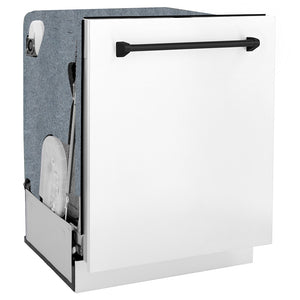 ZLINE Autograph Edition 24 in. Monument Series 3rd Rack Dishwasher with Auto Door Open Drying, 44dBa, White Matte Panel with Matte Black Handle (DWMTZ-WM-24-MB) side, closed.