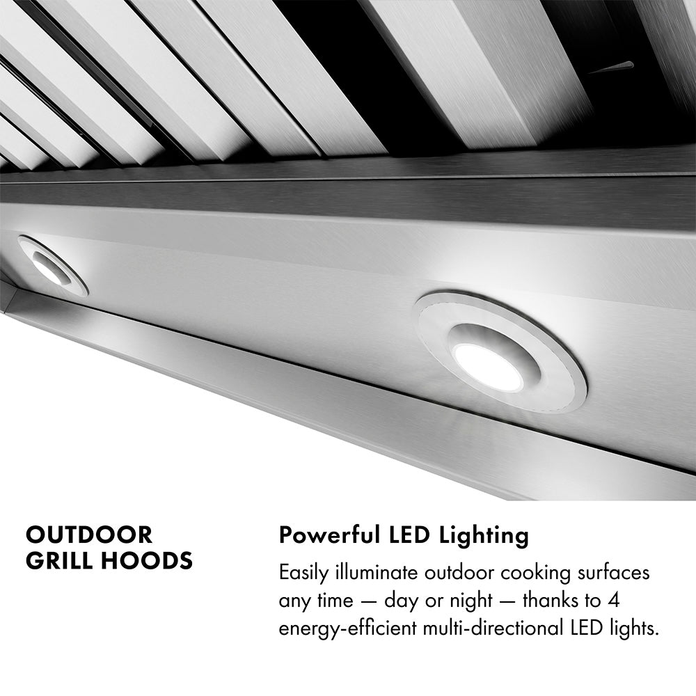 Outdoor Grill Hood Infographic. Text: Powerful LED lighting. Easily illuminate outdoor cooking surfaces any time, day or night, thanks to 4 energy-efficient multi-directional LED lights.