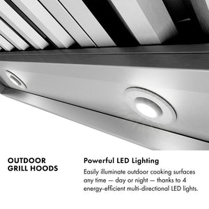 Outdoor Grill Hood Infographic. Text: Powerful LED lighting. Easily illuminate outdoor cooking surfaces any time, day or night, thanks to 4 energy-efficient multi-directional LED lights.