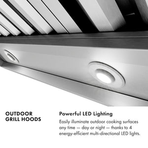 Outdoor Grill Hood Infographic. Text: Powerful LED lighting. Easily illuminate outdoor cooking surfaces any time, day or night, thanks to 4 energy-efficient multi-directional LED lights.