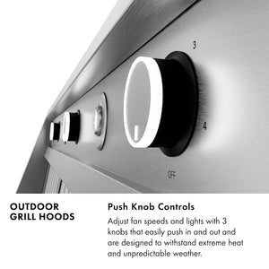 Outdoor Grill Hood Infographic. Text: Push Knob Controls. Adjust fan speeds and lights with 3 knobs that easily push in and out and are designed to withstand extreme heat and unpredictable weather.